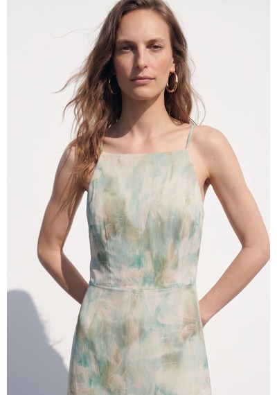 Sateen Çiçek Desenli Askılı Uzun Elbise - Mint-137411