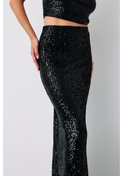 Sateen Pul Payetli Midi Etek - Siyah-135196 Siyah
