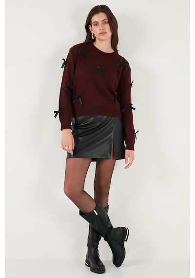 Lela Premium Regular Fit Bisiklet Yaka Fiyonk Detaylı Triko Bayan Kazak 680Kz00155 Bordo