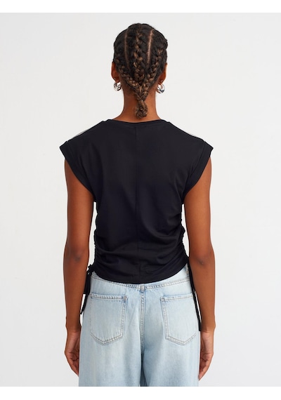 Yanları Büzgülü Taşlı T-shirt-siyah Siyah