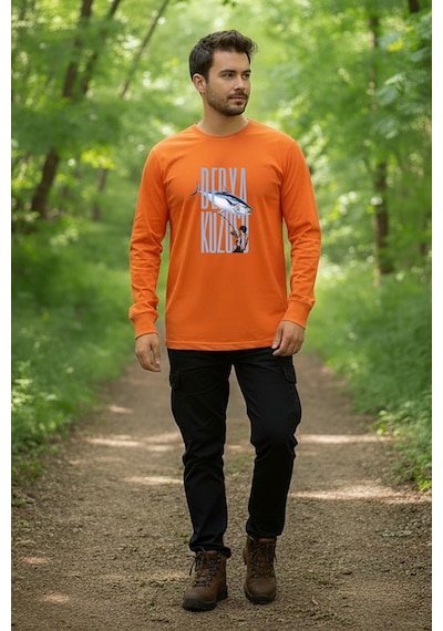Fishing Balık Avcılığı Palamut Balığı Derya Kuzusu Tasarım Turuncu Bisiklet Yaka Uzun Kollu T-shirt Turuncu