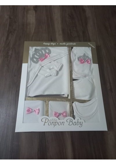 Petite Ponpon Baby 10 Lu Hastane Çıkışı Seti Kraliçe Taçlı Pembe Beyaz - Pembe