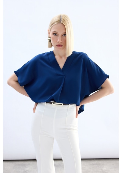 Sateen Geniş Kısa Kollu Bluz - İndigo-136763 İndigo