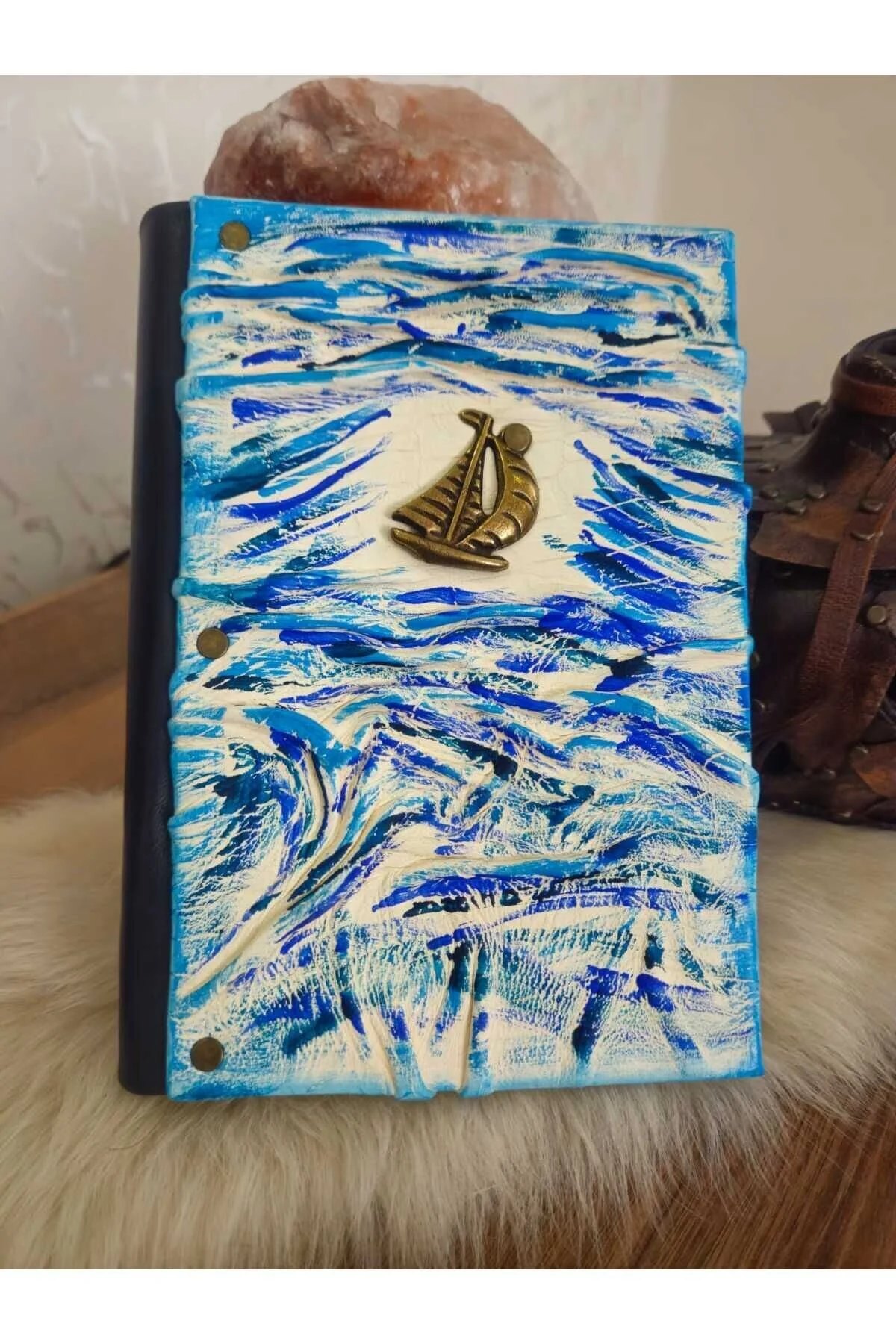 Gemi Figürlü Hakiki Deri Italyan Baskili Özel Desen Modeli El Yapımı Defter Açık Mavi