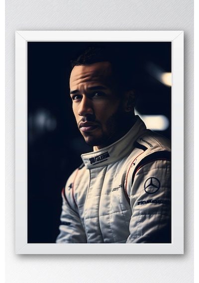 Lewis Hamilton Efsanevi F1 Portresi Çerçeveli Tablo - Lüks Modern Formula 1 Duvar Dekoru Beyaz