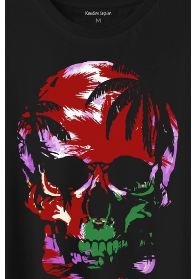 Rengarenk Kafatası Skull Head Lila Renkleri Baskılı Tişört Unisex T-shirt 001