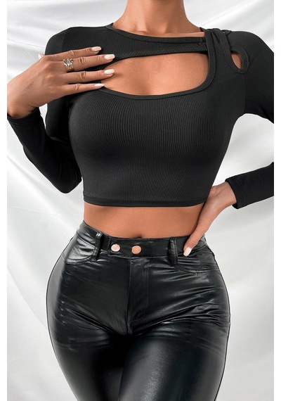 Angbutik Kadın Siyah Göğüs Dekolteli Çapraz Askılı Uzun Kollu Crop Top Bluz