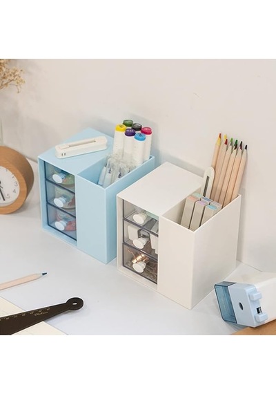 Masaüstü Kalemlik Organizer 7 Bölmeli Kawaii Kapaklı Mini Çekmeceli Kalemlik - Beyaz Beyaz