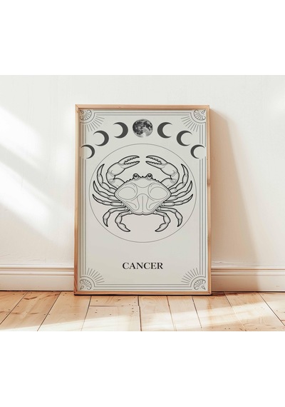 Yengeç Burcu Duvar Sanatı, Çizim Baskısı, Göksel Astroloji Posteri, Ay Evresi Dekoru, Minimalist Yengeç Sanatı, Modern Burç Duvar Dekoru