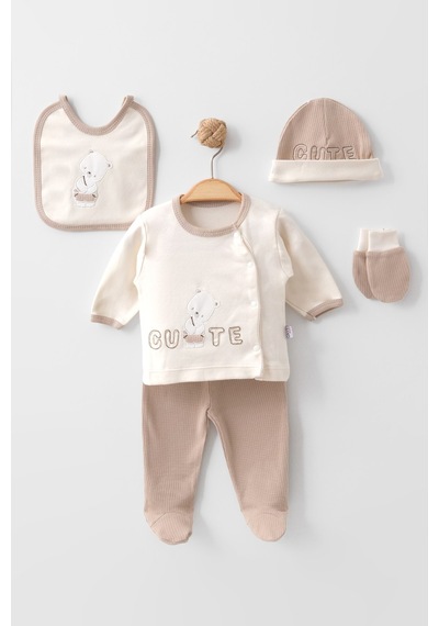 Zeynuko Erkek Bebek Cute Bear Pamuk 0-3 Ay 5'li Yenidoğan Hastane Çıkışı Zıbın Seti Kahverengi