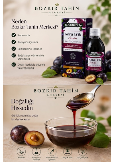 Bozkır Tahin Merkezi Kara Erik Şurubu Incir Özü Ve Sinameki Içerikli Şurub 320 Gr Katkısız&vegan
