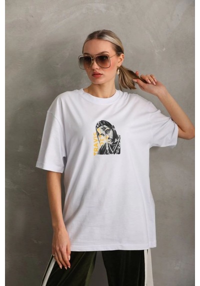 Kadın Baskılı T-shirt Kısa Kol Bisiklet Yaka Oversize Rahat Kalıp Günlük Tişört - Beyaz