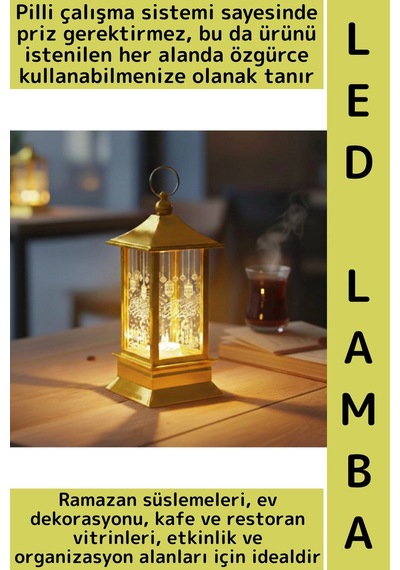 Ledışık Ramazan Masa Süsleme Hediyelik Dekoratif Osmanlı İslami Şık Kare Kubbe Gold Pilli Led Lamba