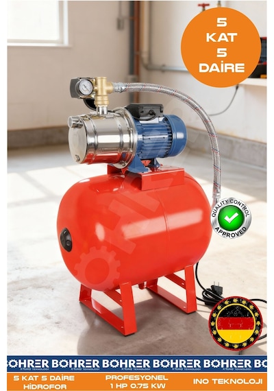 Jet750sc Paslanmaz Gövdeli Bakır Sargılı 1 Hp 0.75kw 50l Genleşme Tanklı Hidrofor Pompa - 4 Kat 4 Da