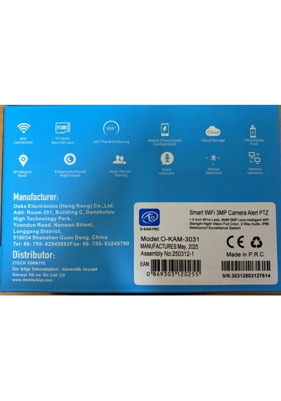 O-kam 3031 Tek Lens Wifi 360 Derece Ses+mikrofon 3mp Ptz Kamera