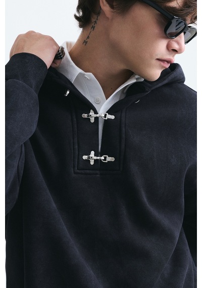 Vamos Boxy Fit Metal Klips Kapama Sweatshirt Siyah