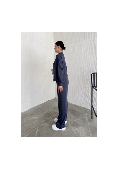 Gugus Kadın Fermuarlı Kolej Yaka Aysho Model Bol Paça Wide Leg Eşofman Takımı Füme