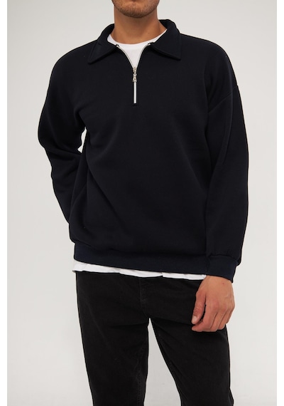 Ghassy Co. Erkek Polo Yaka Oversize Yarım Fermuarlı Sweatshirt 001 Lacivert