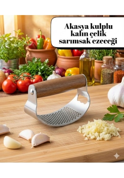 Ahşap Ergonomik Saplı Kalın Çelik Profesyonel Sarımsak Ezeceği Çelik Diğer