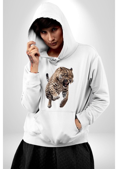 Jaguar Sırtından Çıkan Kadın Erkek Beyaz Kapüşonlu Sweatshirt Hoodie Beyaz