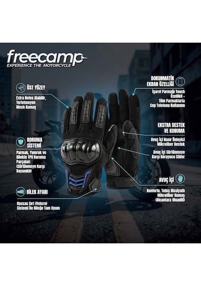 Freecamp Power Tam Parmak Motosiklet Eldiveni En 13594:2015 Siyah/mavi Siyah-mavi