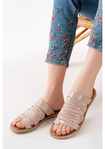 Aymood Hakiki Deri Zebra Model Siyah Beyaz Kadın Terlik Vizon