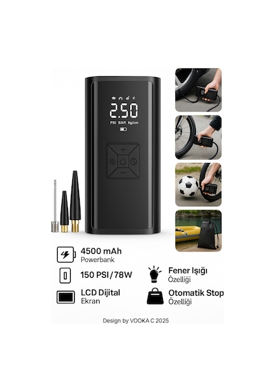 Taşınabilir Dijital Hava Pompası 150 Psı 4500 Mah Kompresör Araba,bisiklet,motor Top & Şişme