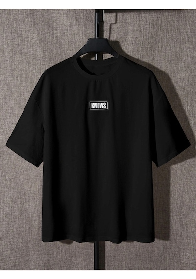 Unisex Siyah Oversiz Knows Baskılı Örme T-shirt Siyah