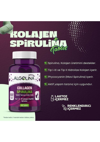 Collagen + Spirulina Tablet Takviye Edici Gıda - 1260 Mg 60 Tablet - Kolajen Tip 1 2 3