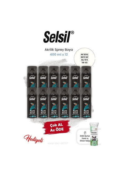 Selsil 12 Adet Akrilik Sprey Boya 400 Ml Mat Beyaz Ve Rosie Mat Beyaz - Ral 9010