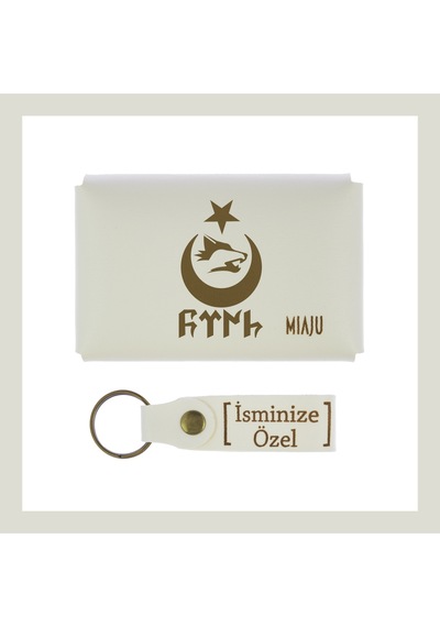 Miaju Beyaz Renk, Bozkurt Ay Yıldız Desen, İsme Özel Cüzdan Ve Anahtarlık, Değer Verdiğine Efsane Hediye Beyaz