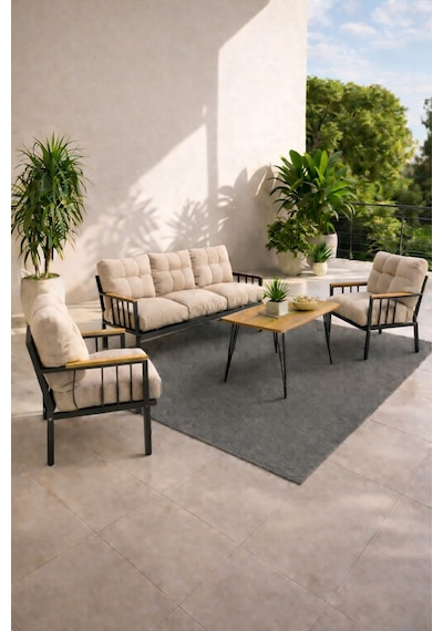 Milas 311 Masalı Bej Bahçe Koltuk Takımı Balkon & Teras İçin Dayanıklı, Kalın Minderli Modern Set Bej