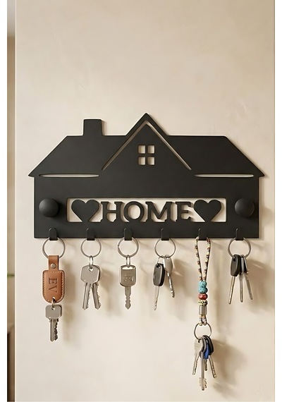 Ev Temalı Metal Anahtar Askısı - Home Yazılı 6 Kancalı Duvar Askısı Siyah