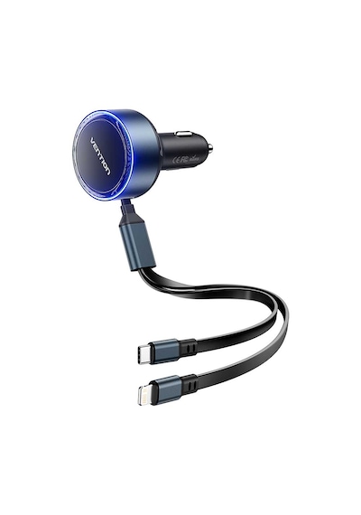 Vention 30w 3 Portlu Kendinden Kablolu Type-c + Lightning Alüminyum Hızlı Araç Şarj Cihazı - Siyah