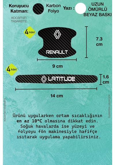 Yeni Nesil Renault Latitude Karbon Kapı Kolu Koruma Seti Latitude Modeline Tam Uyumlu, Beyaz Yazılı Tasarım