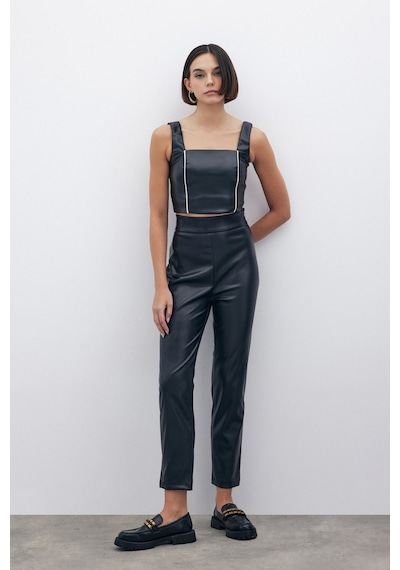 Sateen Yüksek Bel Deri Pantolon - Siyah-135285 Siyah
