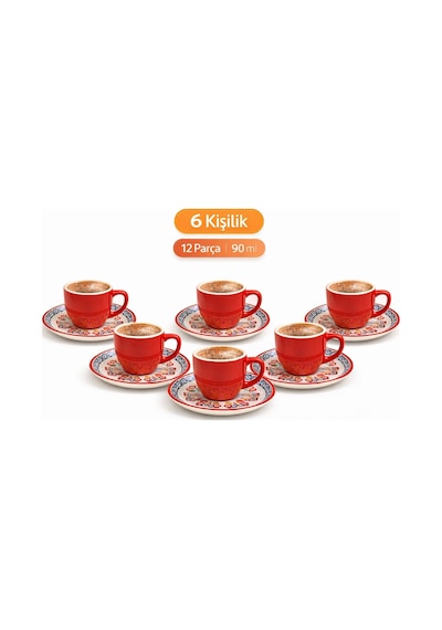 6 Kişilik Türk Kahvesi Fincanı Takımı,12 Parça,90 Ml Seramik Set,mikrodalga/bulaşık Makinesine Uygun Kırmızı