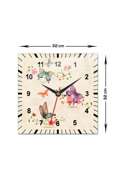 Cam Duvar Saati Çiçek Desenli Krem Fon 32cm X 32cm Çiçek