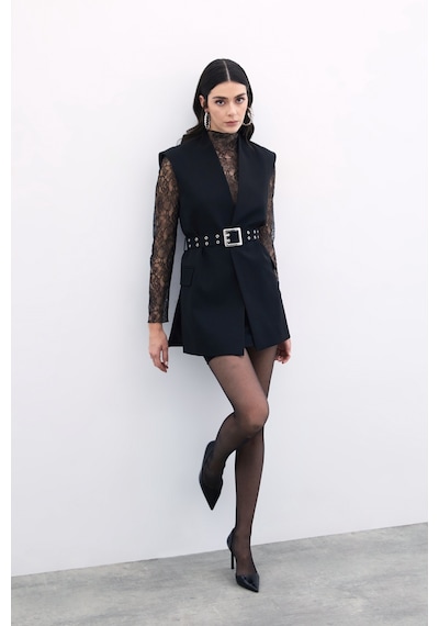Sateen Kemerli Uzun Yelek - Siyah-135804 Siyah