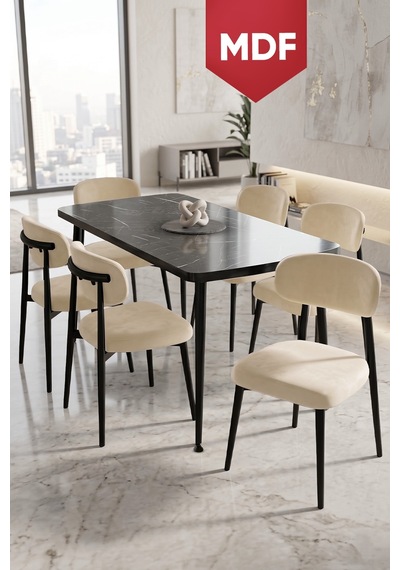 Runes Serisi Mdf Sabit 80x130 Siyah Mermer Desen Mutfak Masası Takımı 6 Sandalye Siyah Mermer - Krem Runes Serisi Mdf Sabit 80x130 Siyah Mermer Desen Mutfak Masası Takımı 6 Sandalye Siyah Mermer - Krem