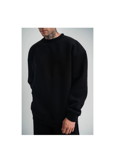 Erkek Uzun Kol Bisiklet Yaka 3 İplik Pamuklu Kışlık Sweatshirt - Siyah