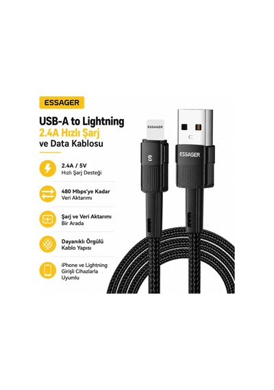 Essager Usb-a To Lightning 2.4a Hızlı Şarj Ve Data Kablosu 480 Mbps Veri Aktarımı Dayanıklı Örgülü Kablo 3 Metre