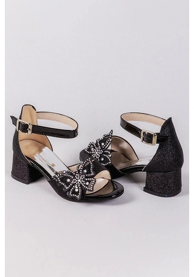 Nese Shoes Kelebekli Kız Çocuk Topuklu Ayakkabı, Simli, Şık, Yeni Sezon, Abiye Ayakkabı Siyah