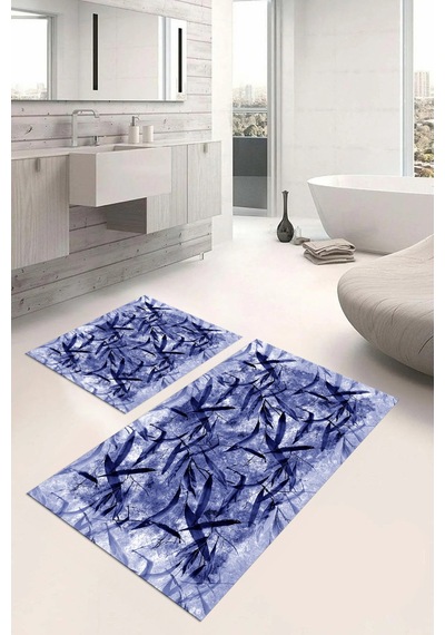 Buççin Online Mağaza Dijital Baskılı Yıkanabilir Kaymaz Taban Yaprak Motifli Banyo Paspası Klozet Takımı Polyester Lacive Çok Renkli