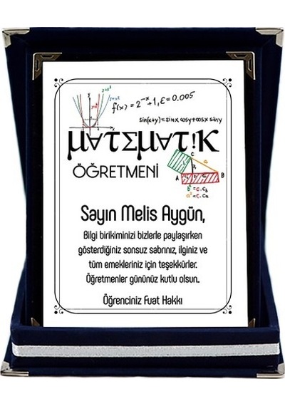 Matematik Öğretmenine Hediye Isim Baskılı Plaket