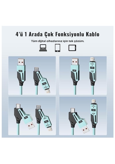 Usb Type C Lightning 4'ü 1 Arada 65w Pd Hızlı Şarj Data Kablosu 1.5m Spiral Çevirici