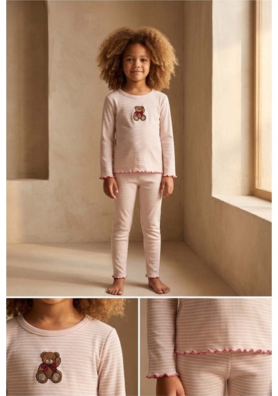 Katia&bony Kız Çocuk Teddy Desenli Pijama Takımı Ekru Ekru