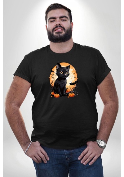 Angemiel Cadılar Bayramı Kedi Siyah Büyük Beden Erkek Kadın Unisex Basic Ön Baskılı Tişört Siyah