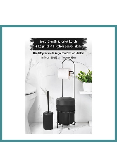 Trendexa Metal Standlı Yuvarlak Kovalı & Kağıtlıklı & Fırçalıklı Siyah Banyo Takımı Mac
