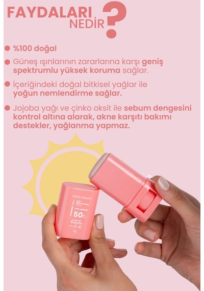 Bade Natural Ton Eşitleyici ve Yüksek Koruyucu Pembe Stick Güneş Kremi SPF50 16 G